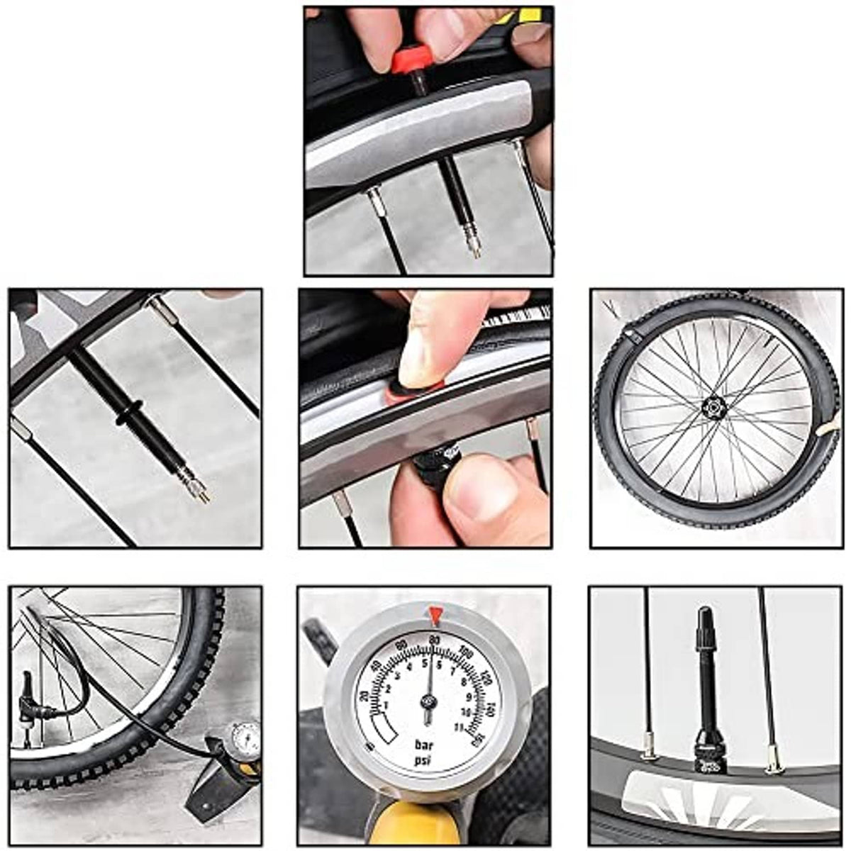 Presta valve stem testing and installation shown on a wheel and pressure gauge