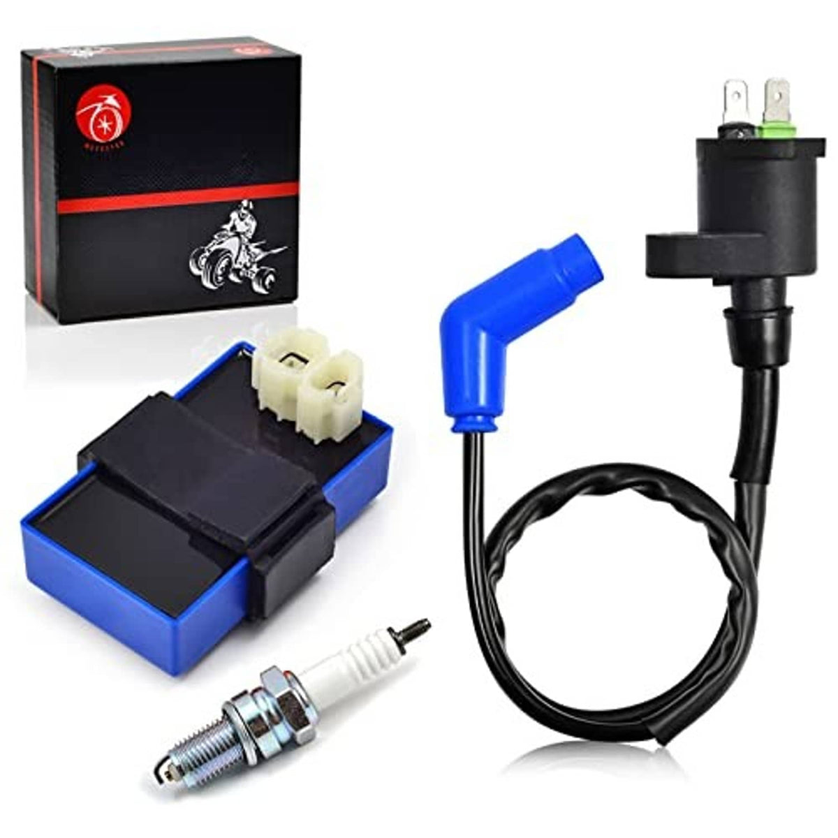 Ignition CDI box with spark plug and coil, plus black wiring and blue boot connector