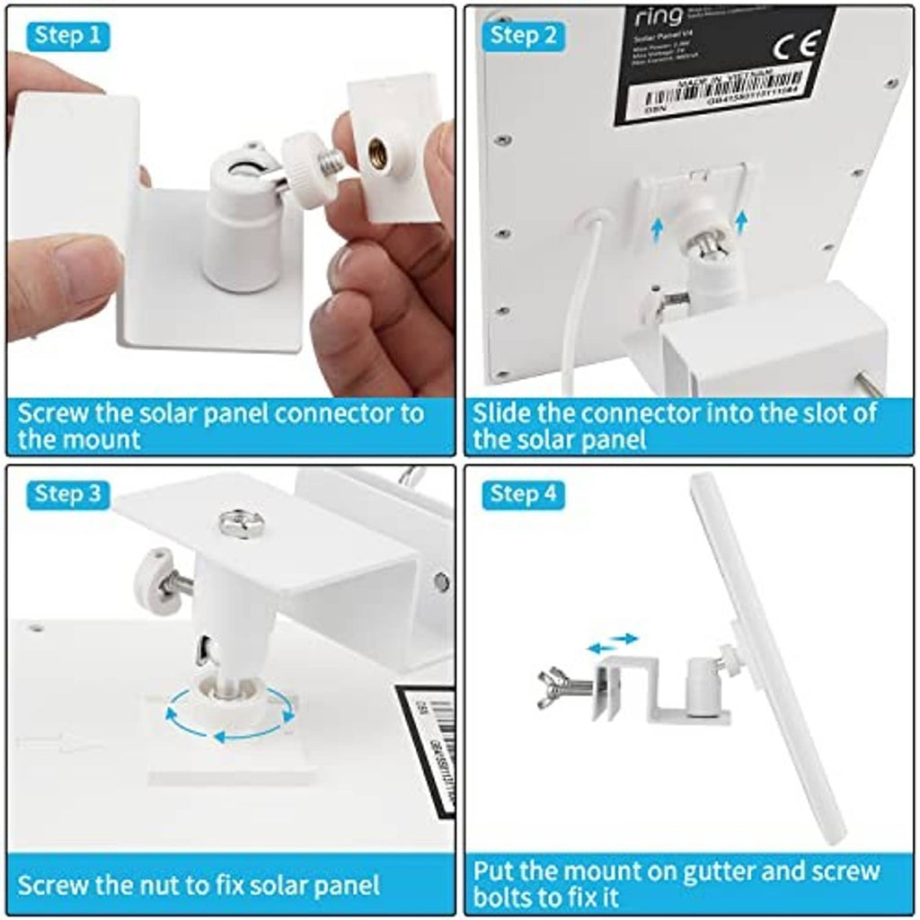 White solar panel mount assembly showing connector, slot, and screw-in parts
