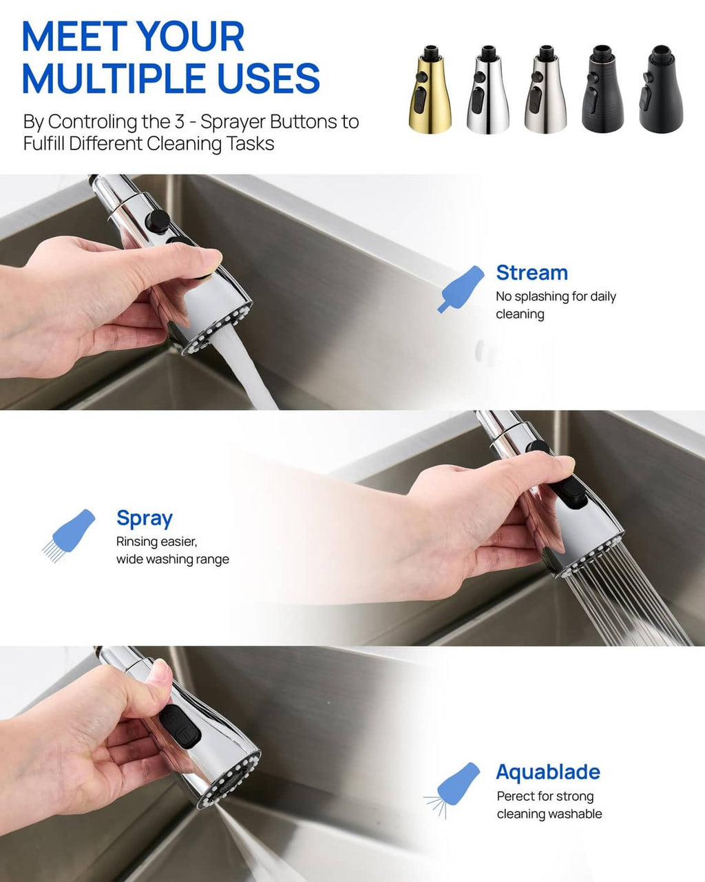 Chrome sprayer head with three spray modes and multiple cleaning uses