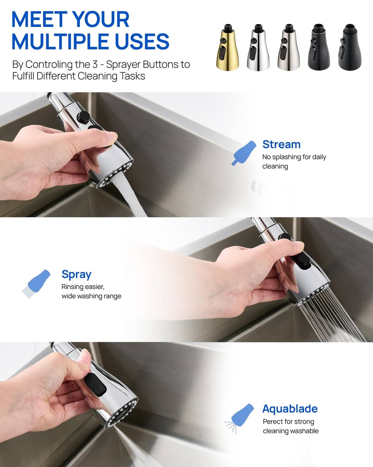 Chrome sprayer head with three spray modes and multiple cleaning uses