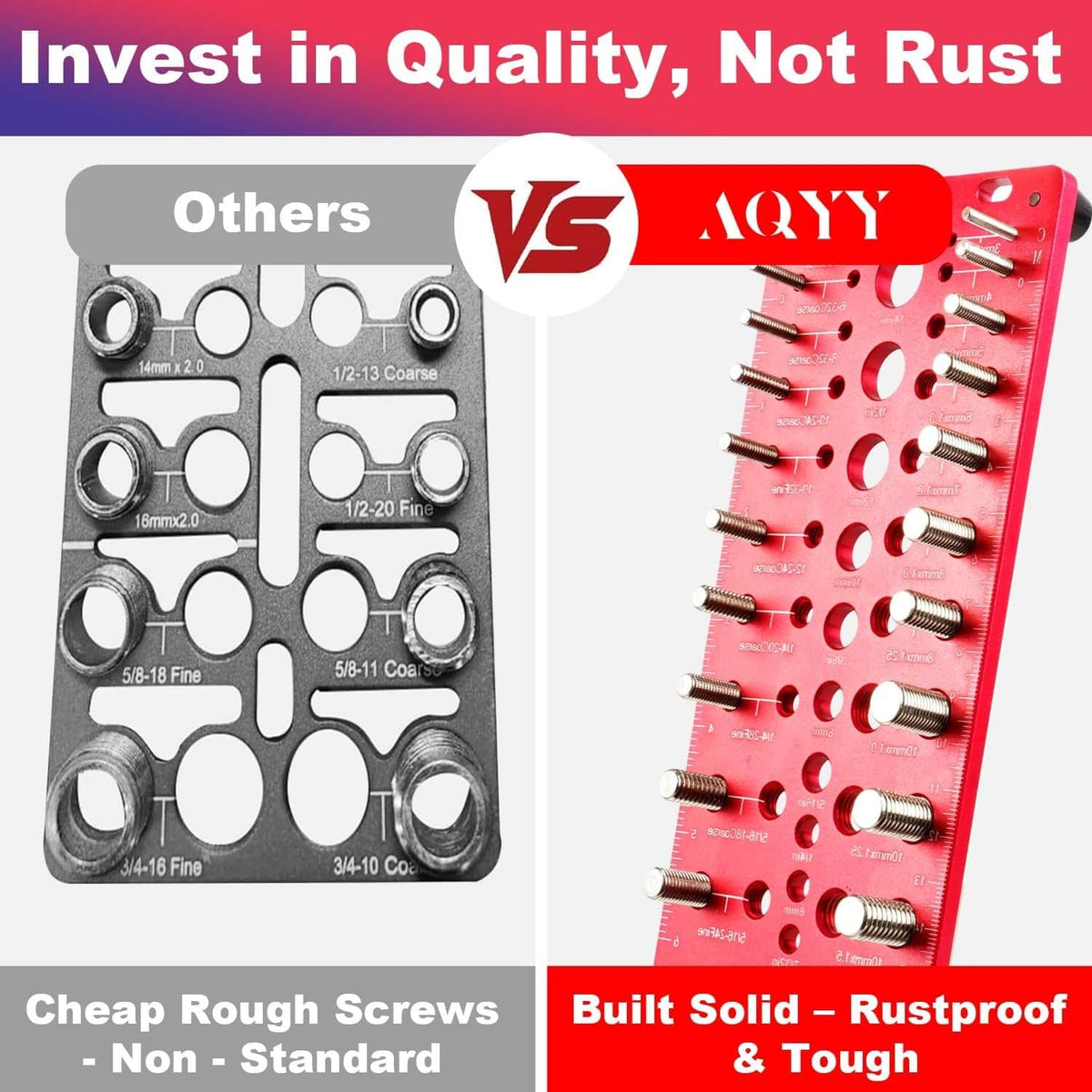 Red thread checker tool with threaded test bolts and round size gauge holes
