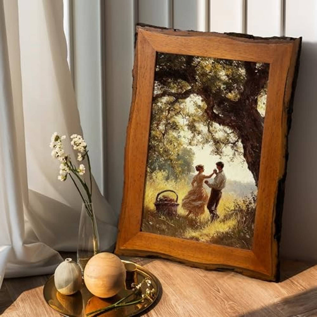 Rustic live-edge wooden picture frame with outdoor landscape photo, leaning