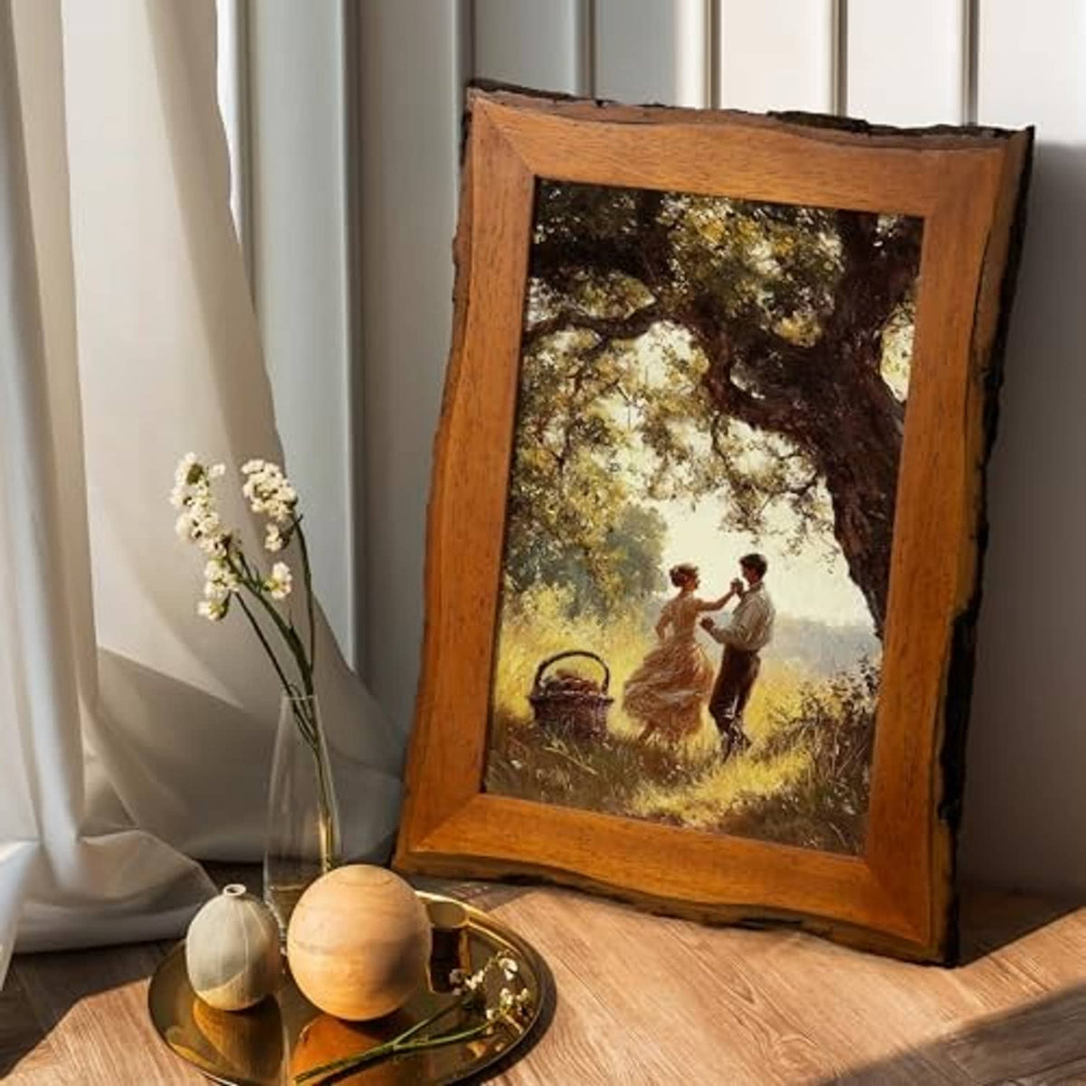 Rustic live-edge wooden picture frame with outdoor landscape photo, leaning