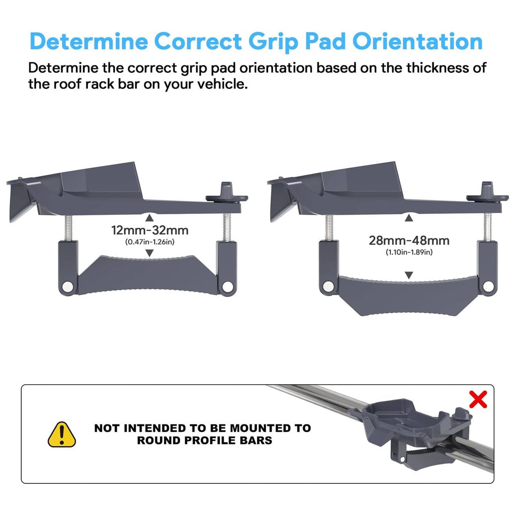 Gray aluminum roof rack mount with adjustable grip pads for different roof rack thicknesses