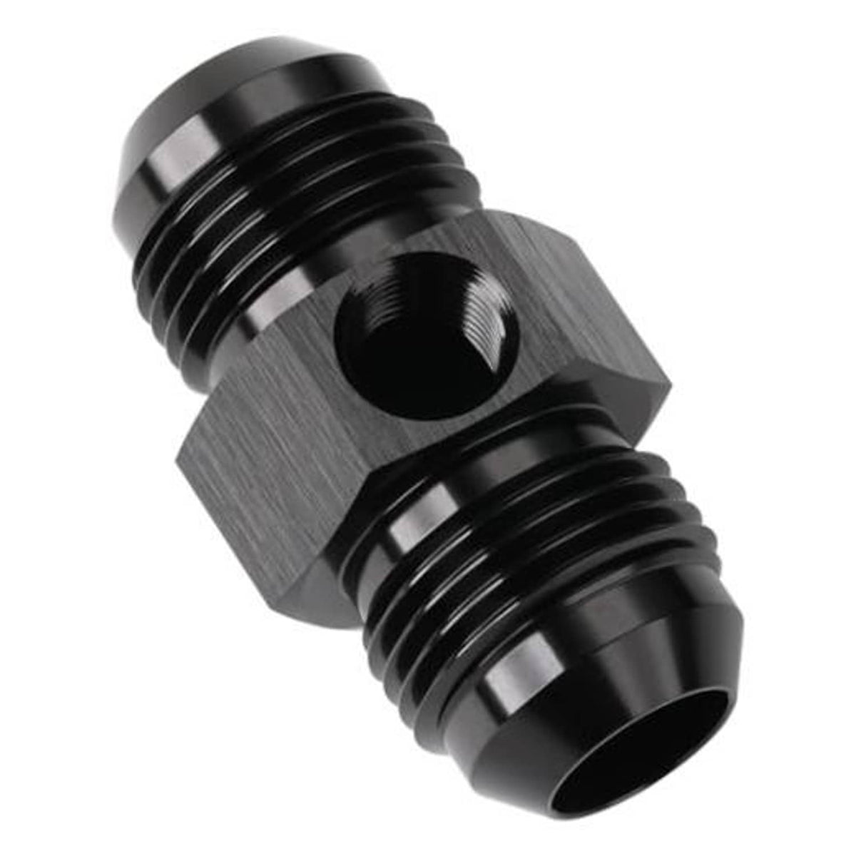 Black 10AN flare fuel pressure gauge adapter fitting, male-to-male