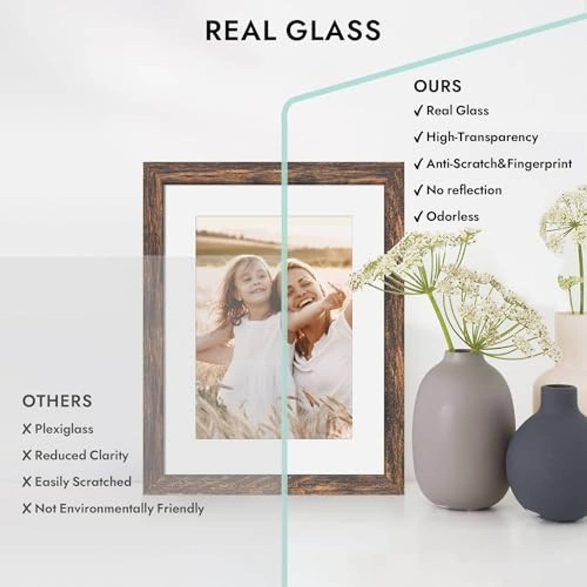 Rustic brown frame with real glass cover for clear, anti-scratch viewing