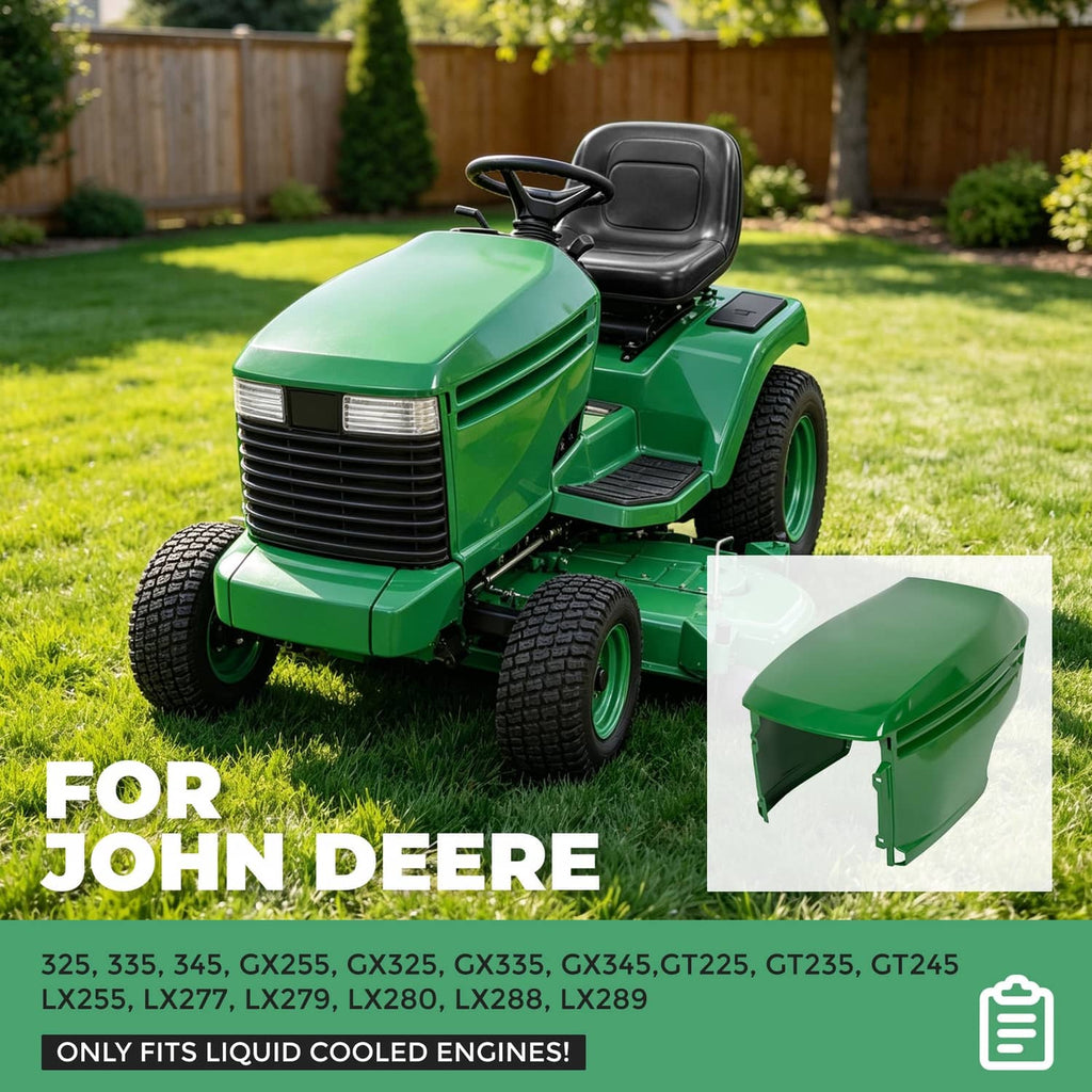 Green riding mower hood replacement on tractor, front-side view