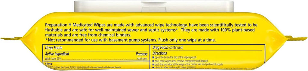 Preparation H medicated hemorrhoidal wipes back panel with other information