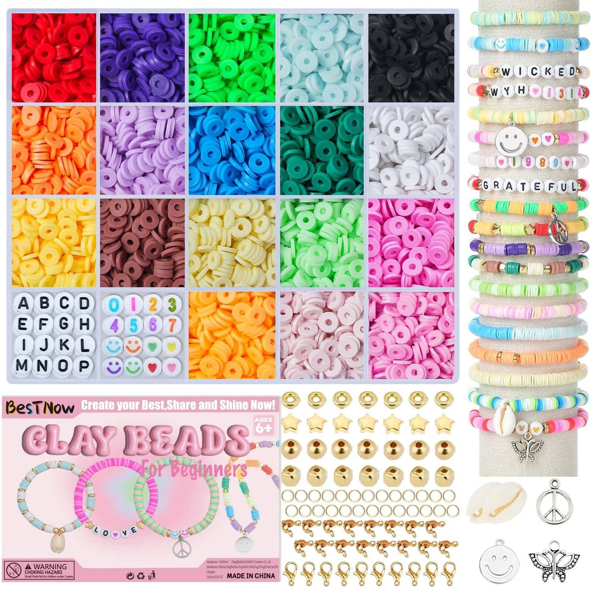 Clay beads bracelet making kit with colorful beads, charms, and letter beads
