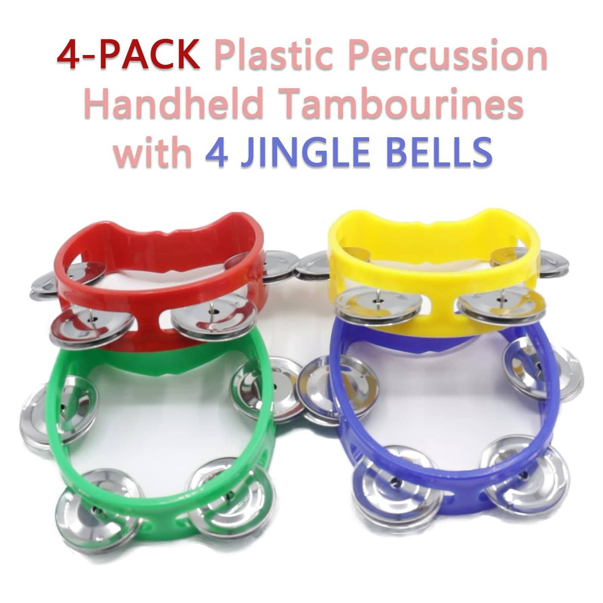 Pair of plastic handheld tambourines, red and blue, each with metal jingle bells