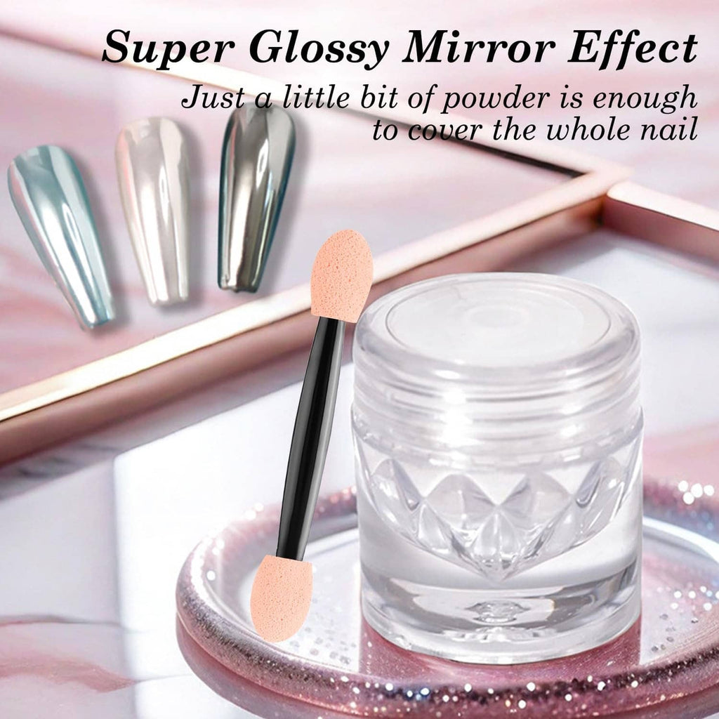Super glossy mirror nail powder jar with chrome applicator brush and silver nail swatch