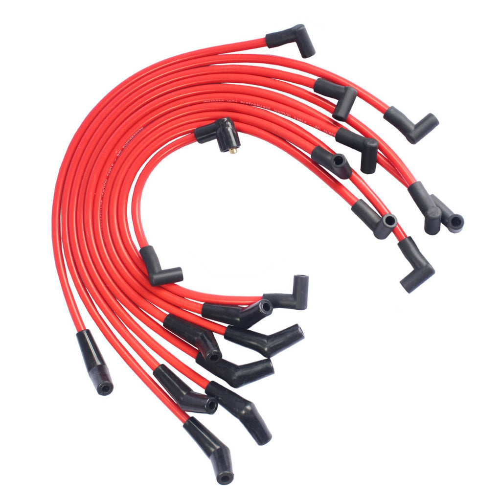 Red spark plug wire set with black boots, ready-to-install leads