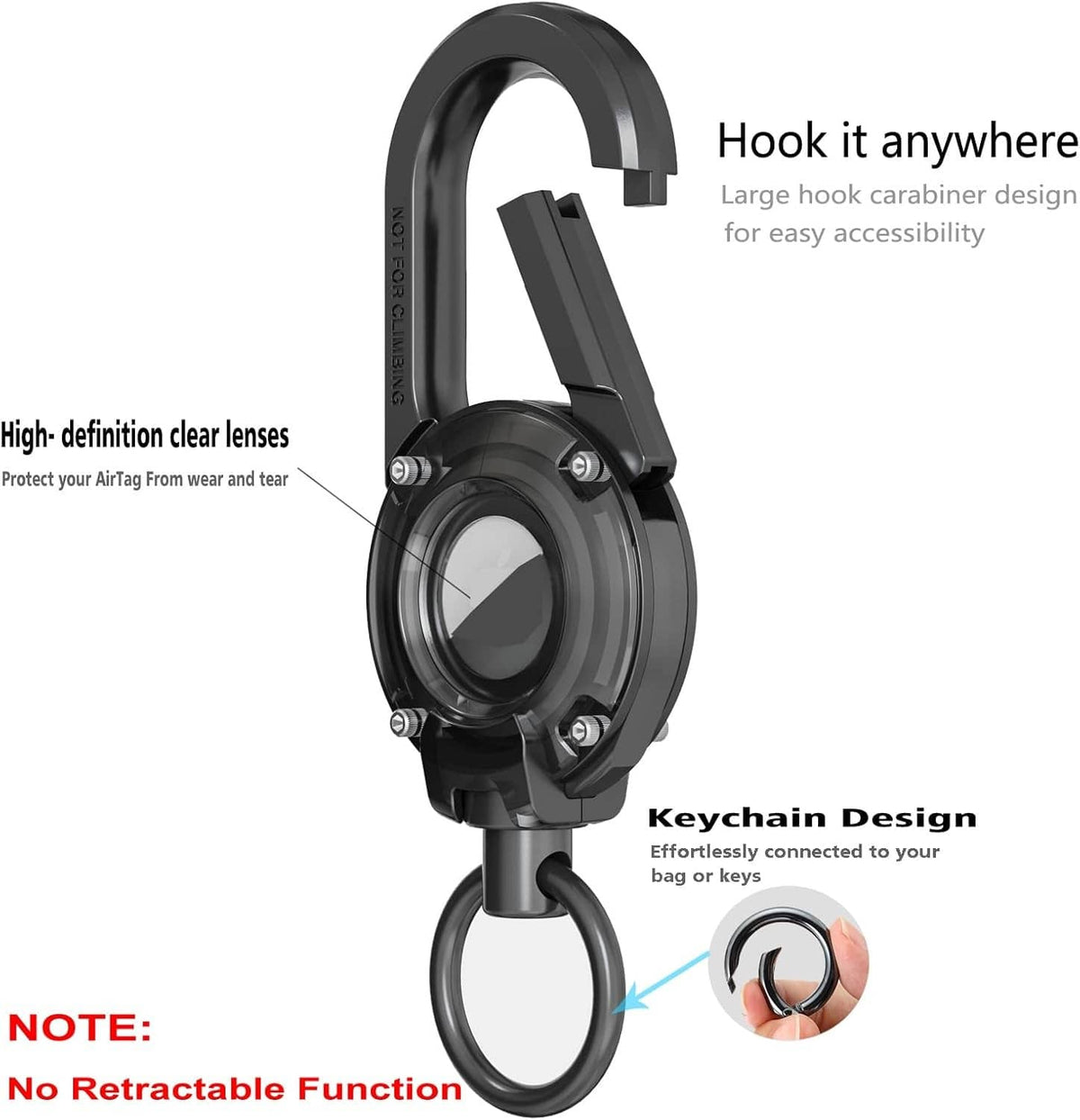 Black hook-style carabiner keychain with circular AirTag lens window