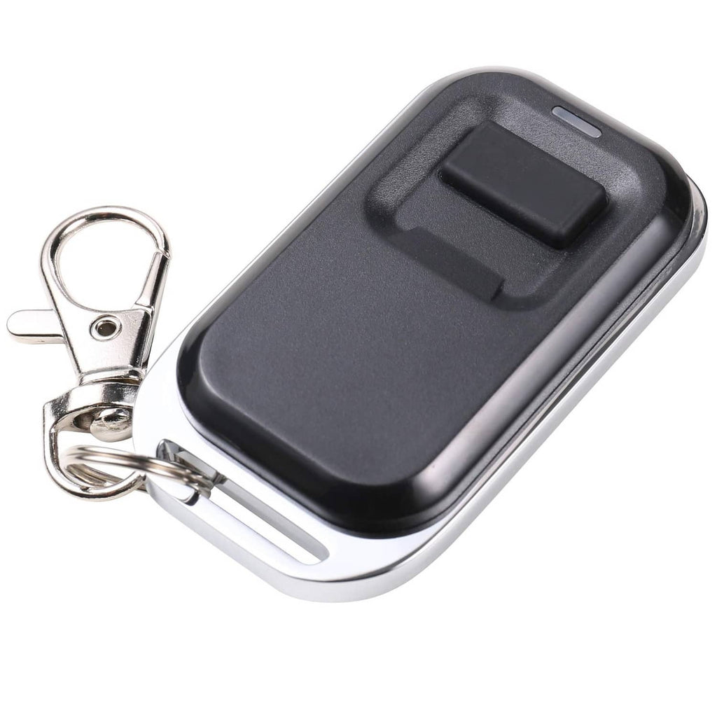 Black one-button RF gate door remote with key ring and metal clip