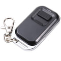Black one-button RF gate door remote with key ring and metal clip