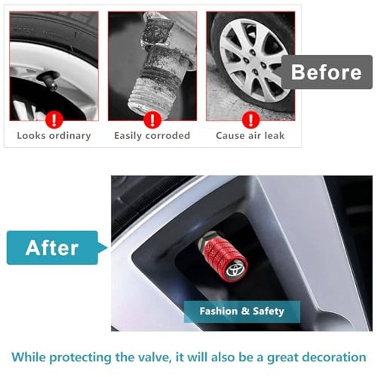 Red tire valve stem caps with Toyota logo installed on a wheel valve opening