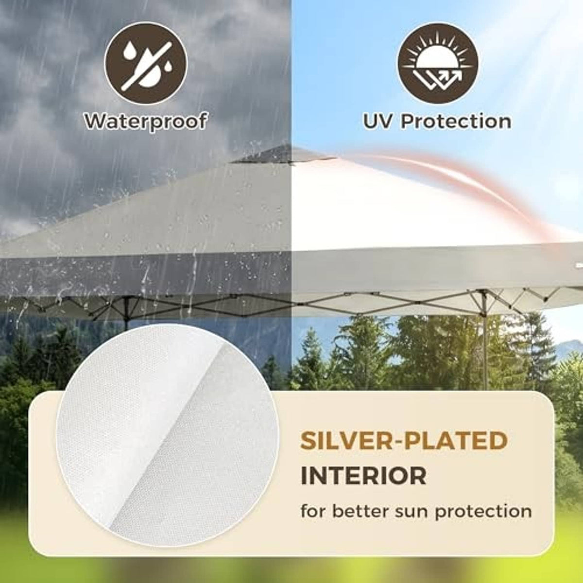 Canopy top cover with silver-plated interior for sun protection; waterproof, UV-resistant