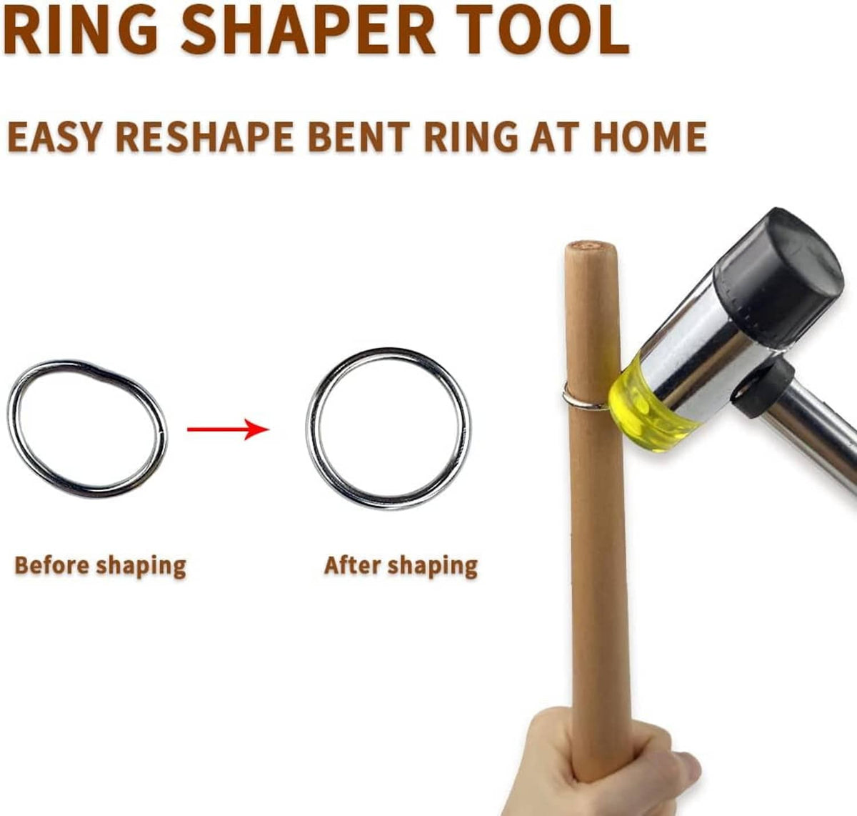Ring shaping tool with wooden mandrel and rubber mallet, used on metal ring