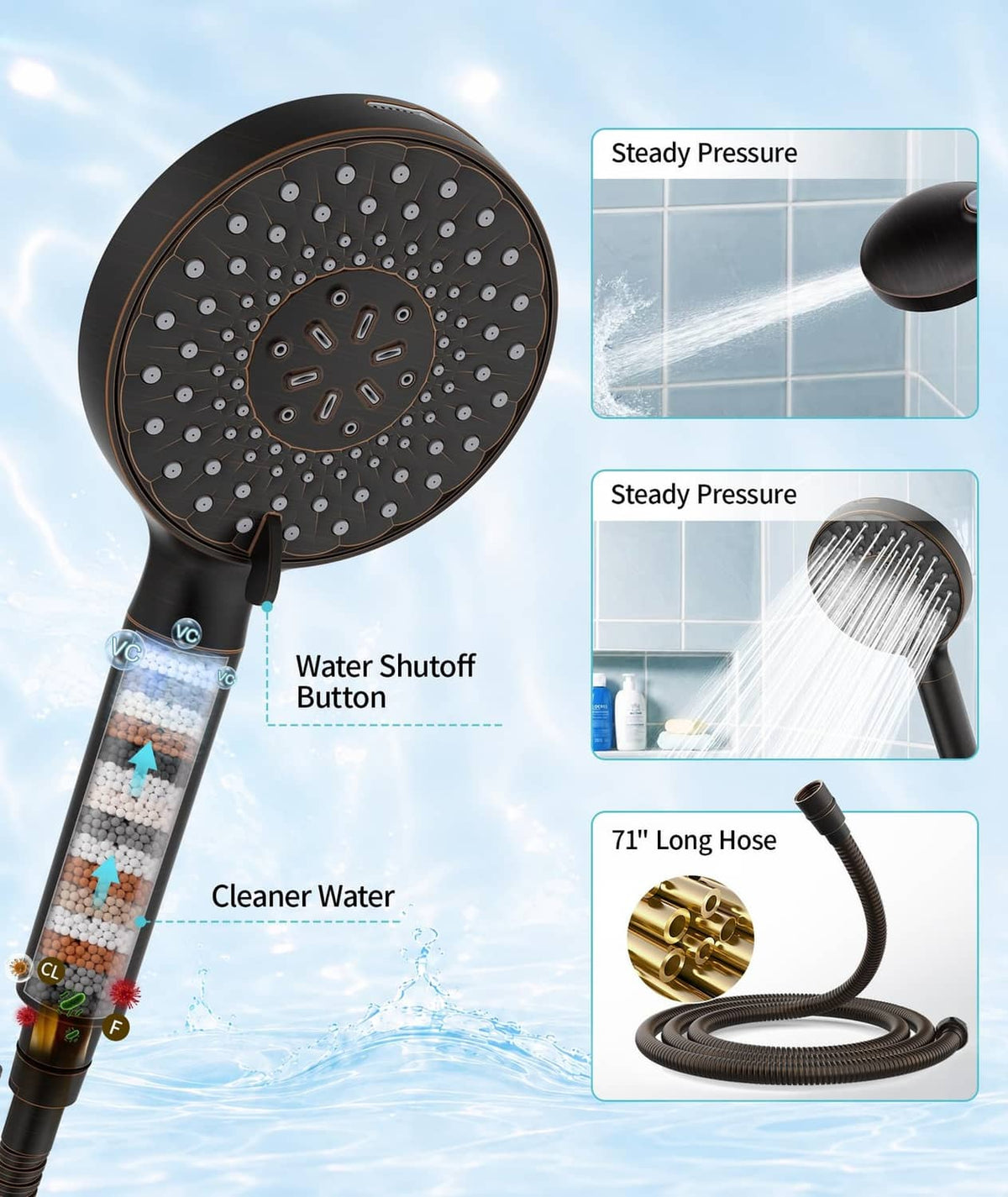 Oil rubbed bronze shower head with round spray face, water shutoff button and hose