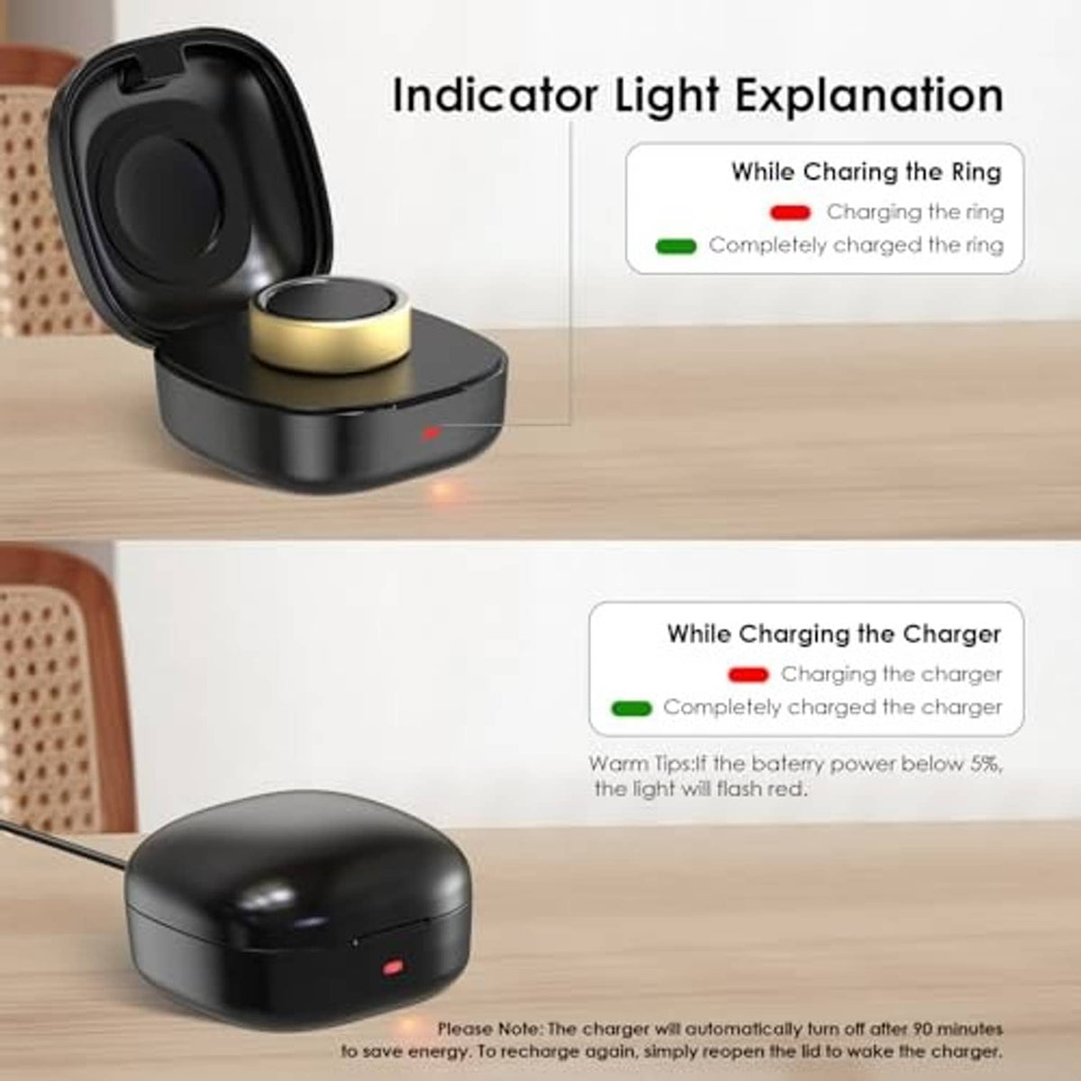 Black charging case with open lid and gold puck; indicator light status panels