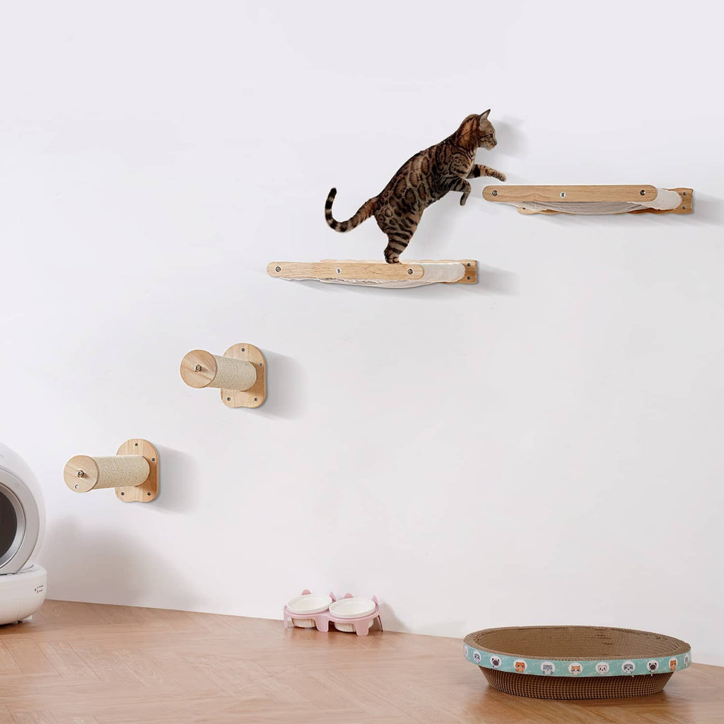 Wall-mounted cat shelves with light wood platforms and curled sisal rope posts