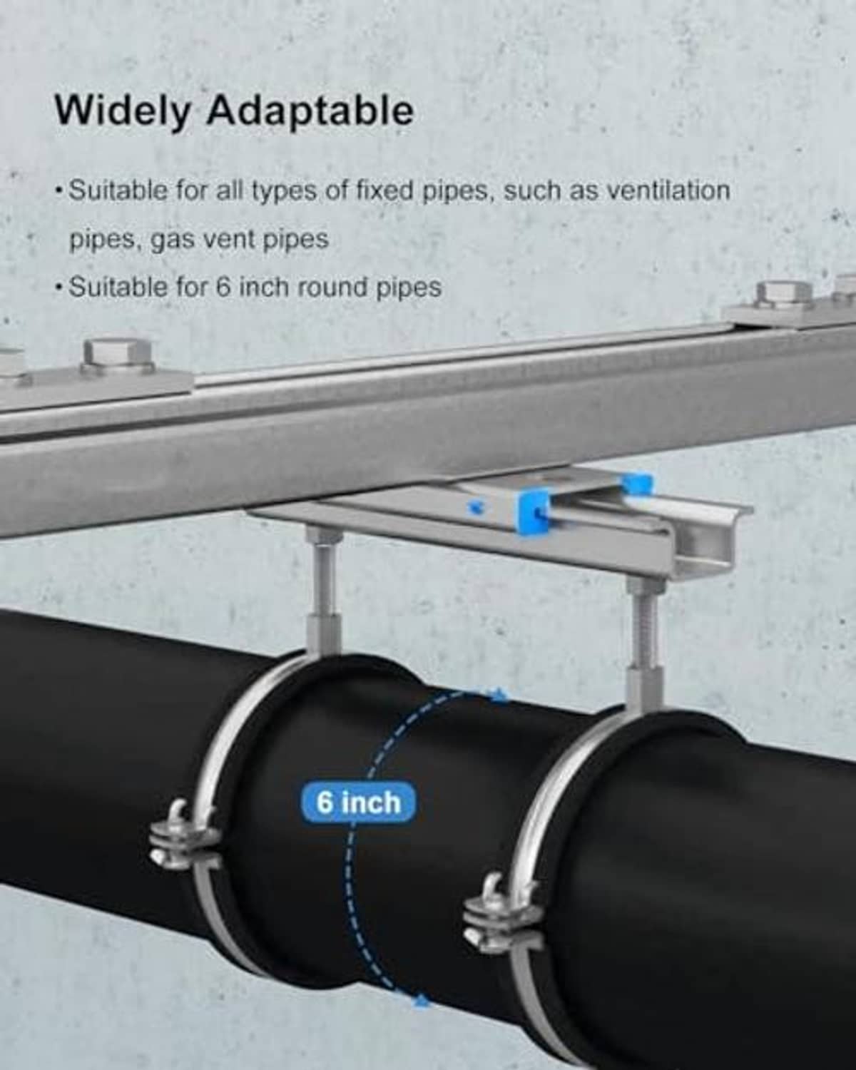 Two 6-inch split-ring pipe hangers securing a round vent pipe under a beam