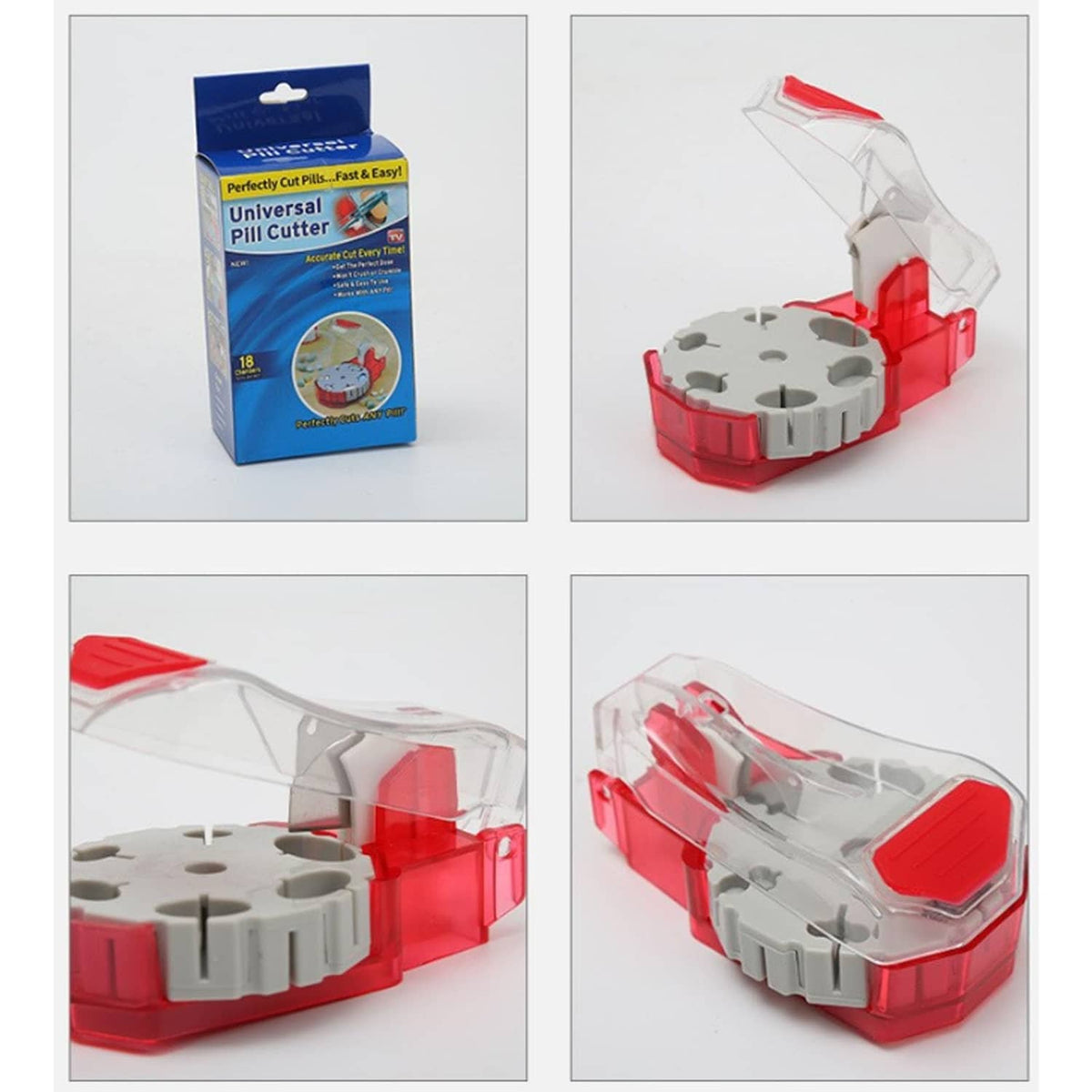 Pill cutter product box and red-and-clear cutter shown from multiple angles