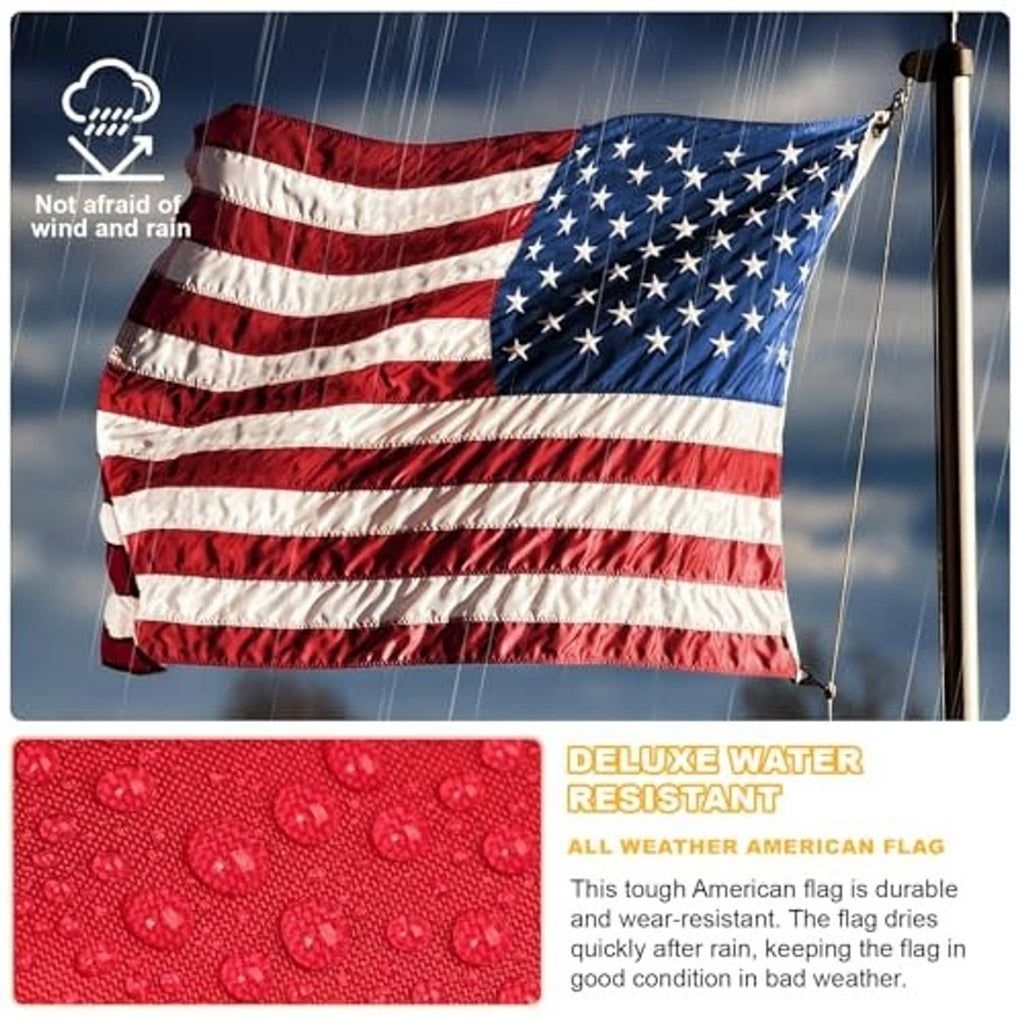 Weather-resistant American flag on poles with red-and-white stripes and blue star field
