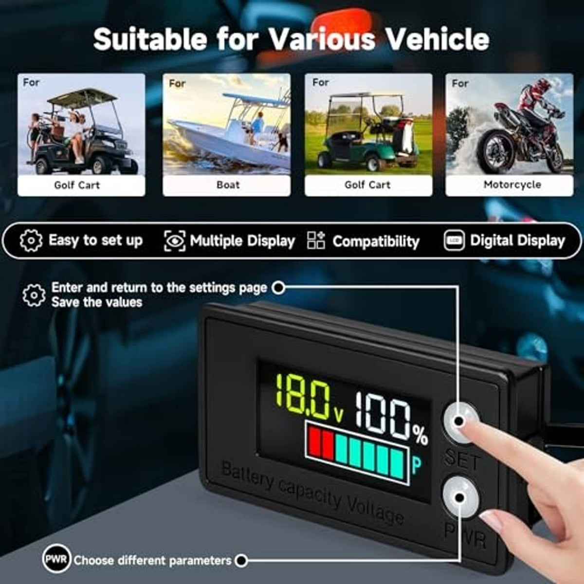 Battery monitor LCD showing 18.0V and 100%, white SET and PWR buttons, finger pointing