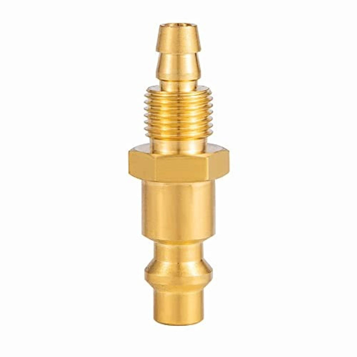 Brass pneumatic fitting with threaded stem and barbed outlet, hex mount collar