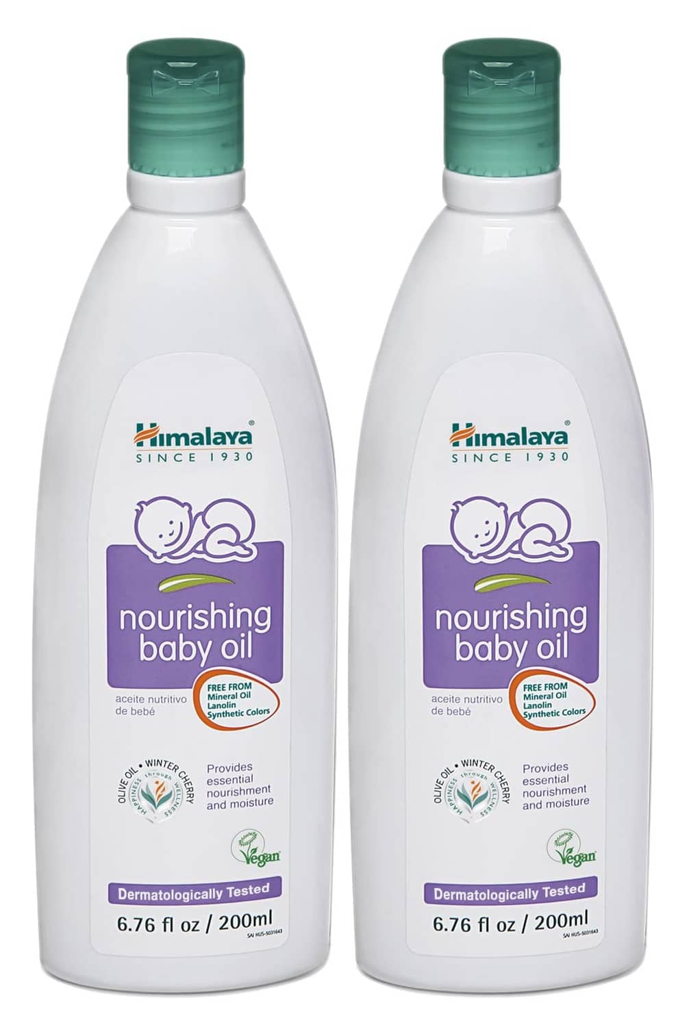Himalaya nourishing baby oil bottle, white with teal cap, 6.76 fl oz (200 mL)