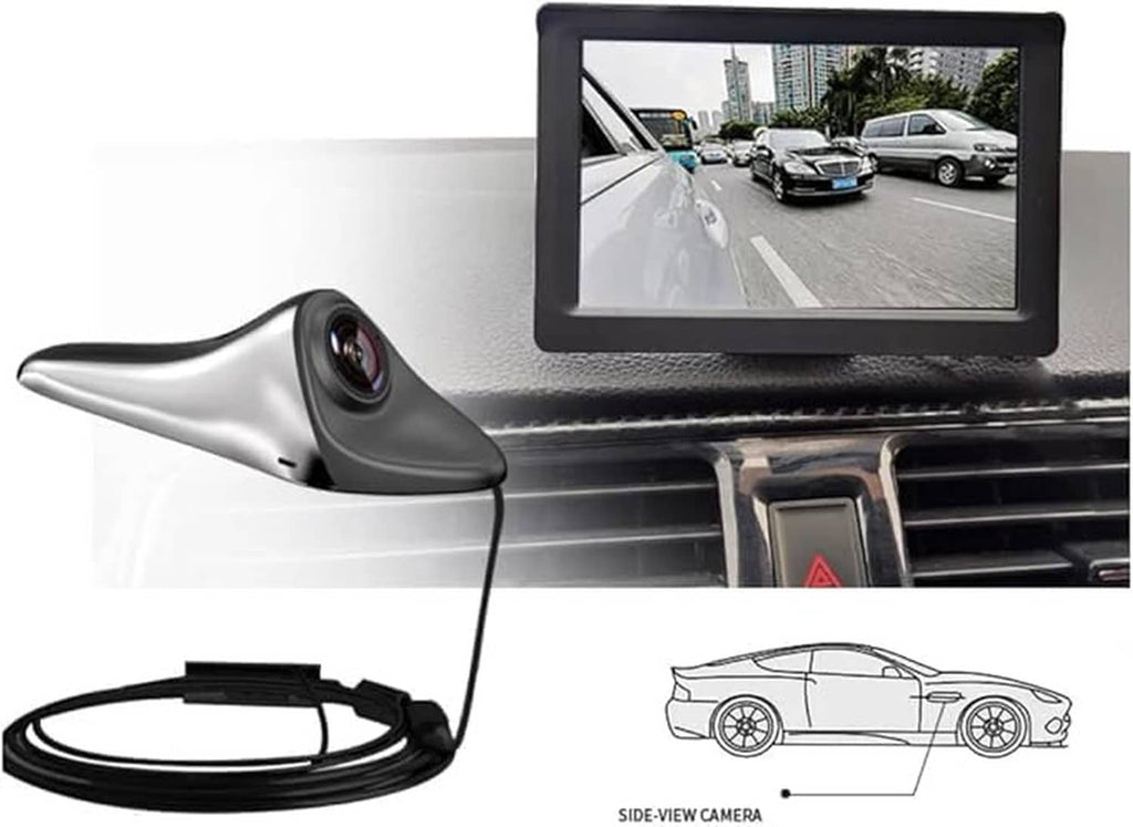 Car blind spot monitor display with side-view camera and connecting cable.