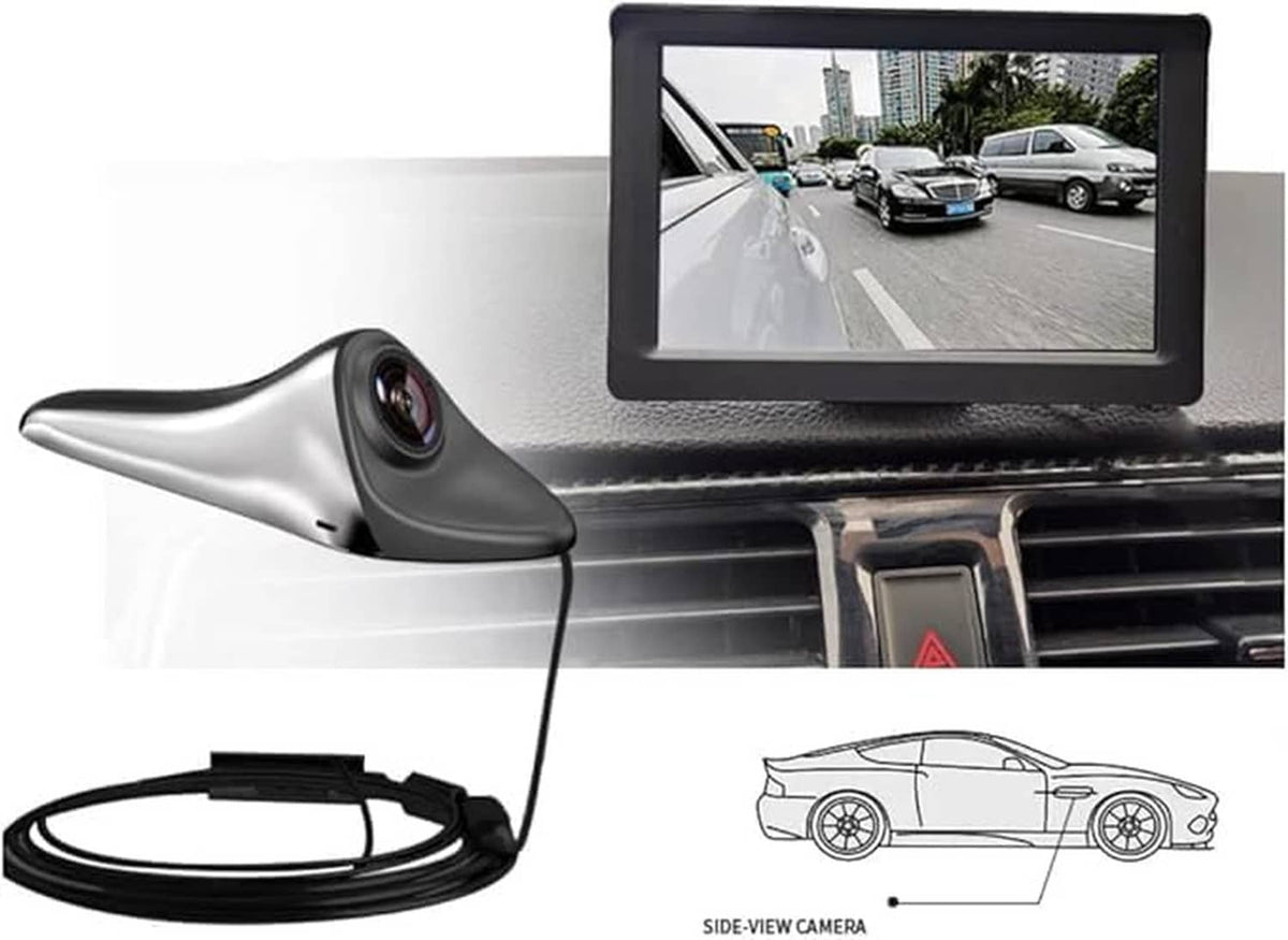 Car blind spot monitor display with side-view camera and connecting cable.