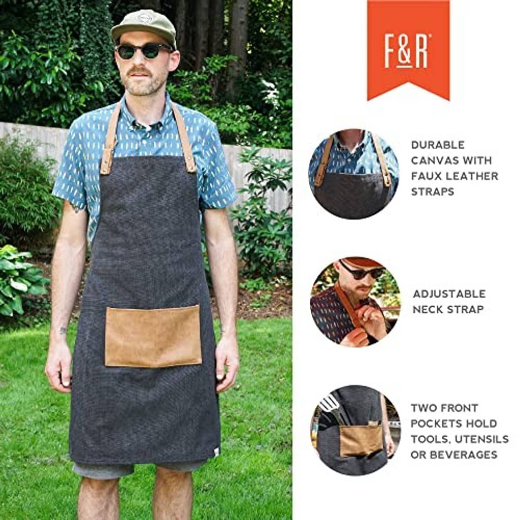 Men's dark charcoal apron with tan front pocket and adjustable faux leather straps