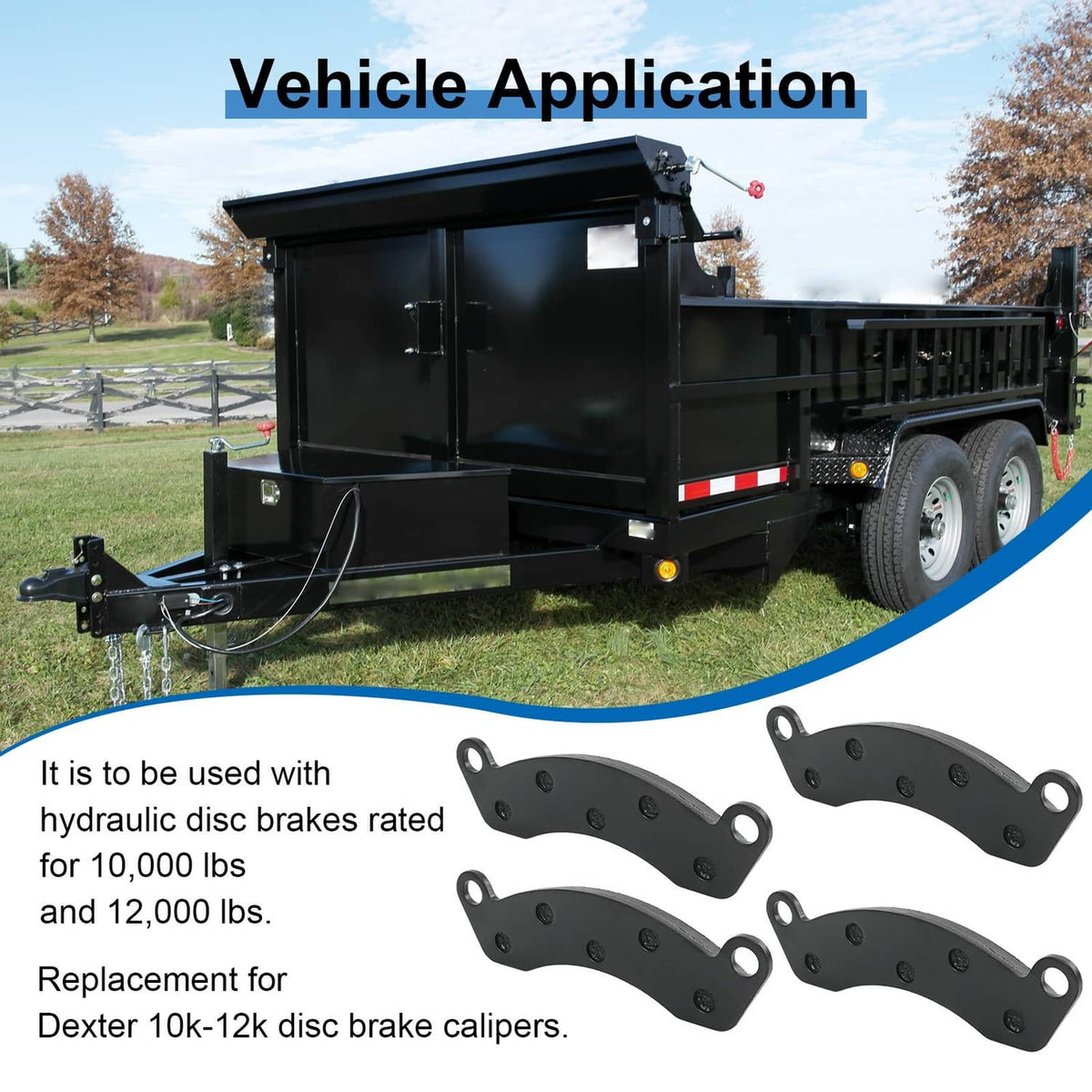 Four dark trailer disc brake pads shown with mounting hooks and bolt holes
