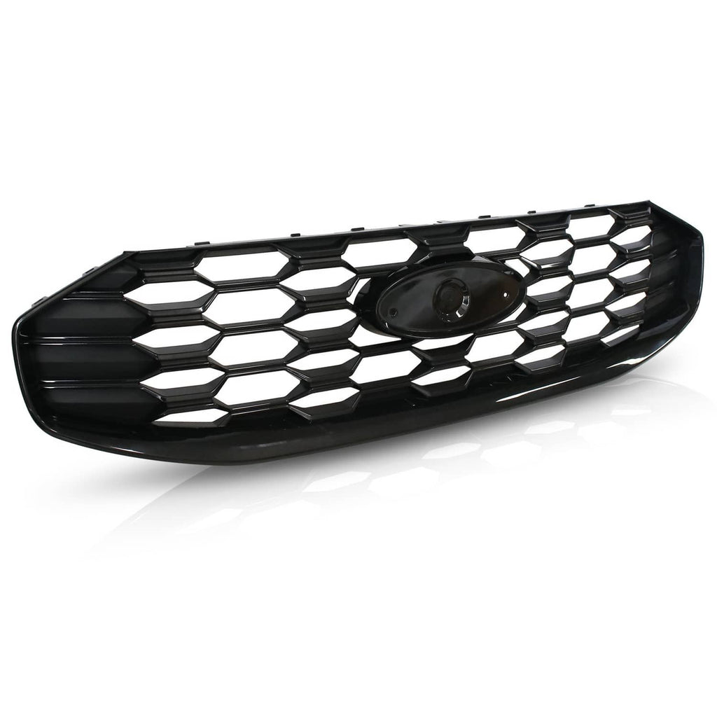 Black front grille with diamond-hex mesh and central oval emblem cover