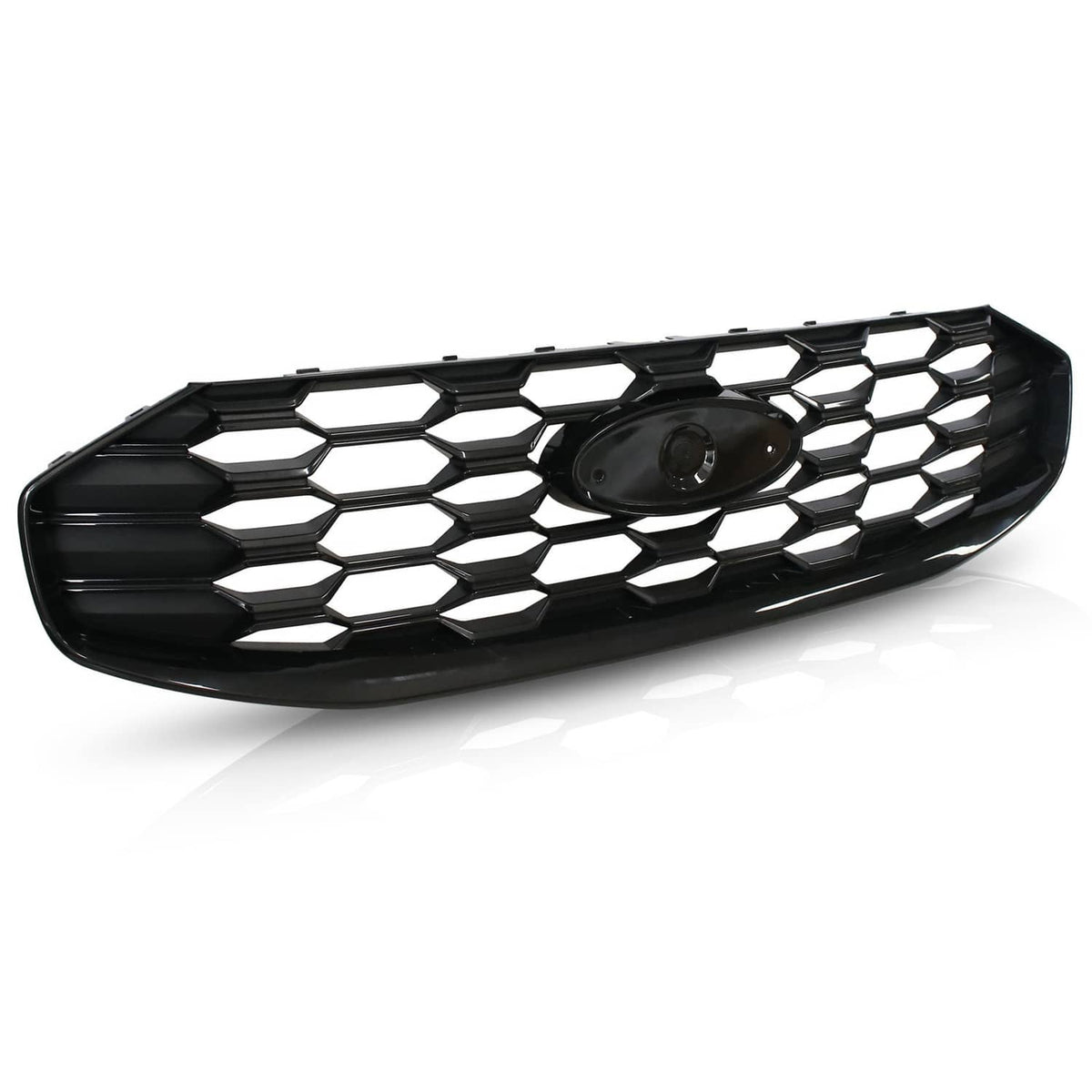 Black front grille with diamond-hex mesh and central oval emblem cover