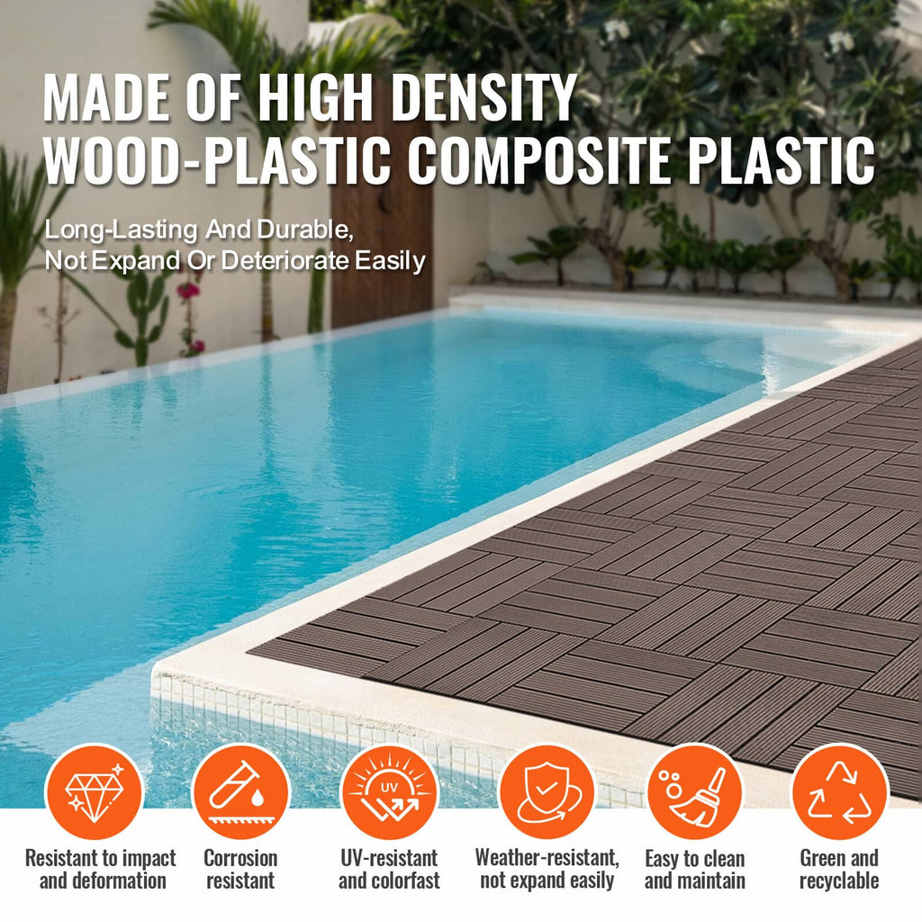 Dark brown interlocking deck tile flooring along a pool edge with wood-look slat pattern