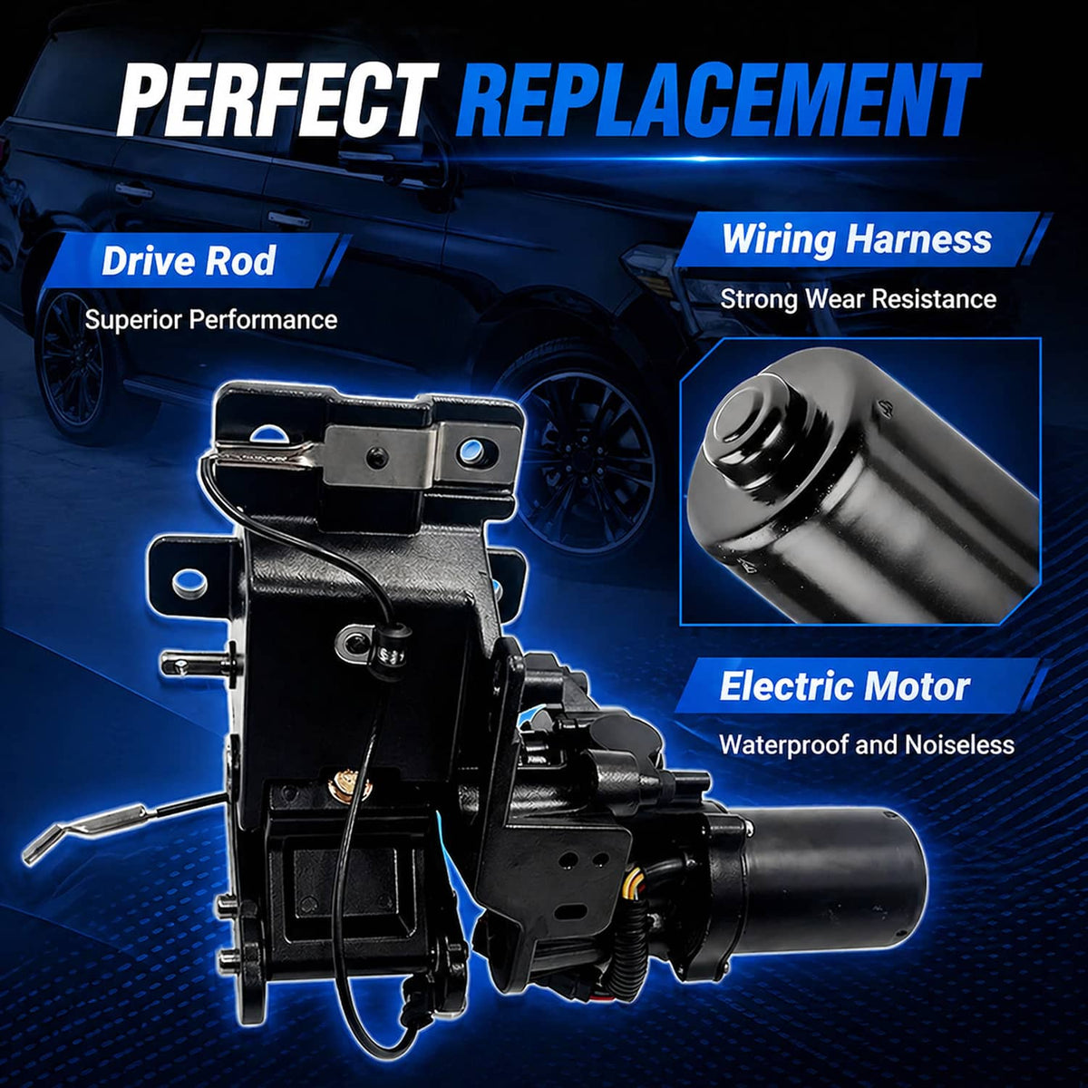 Power running board motor assembly with wiring harness, black actuator and rod