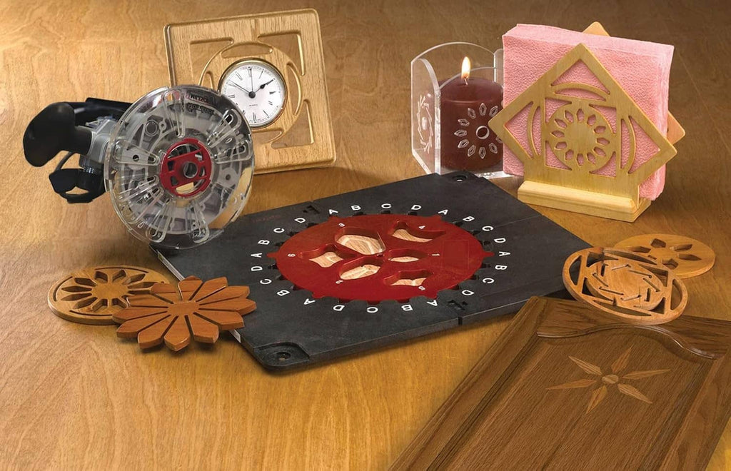 Router inlay template jig kit laid out with red templates and wooden cutout shapes
