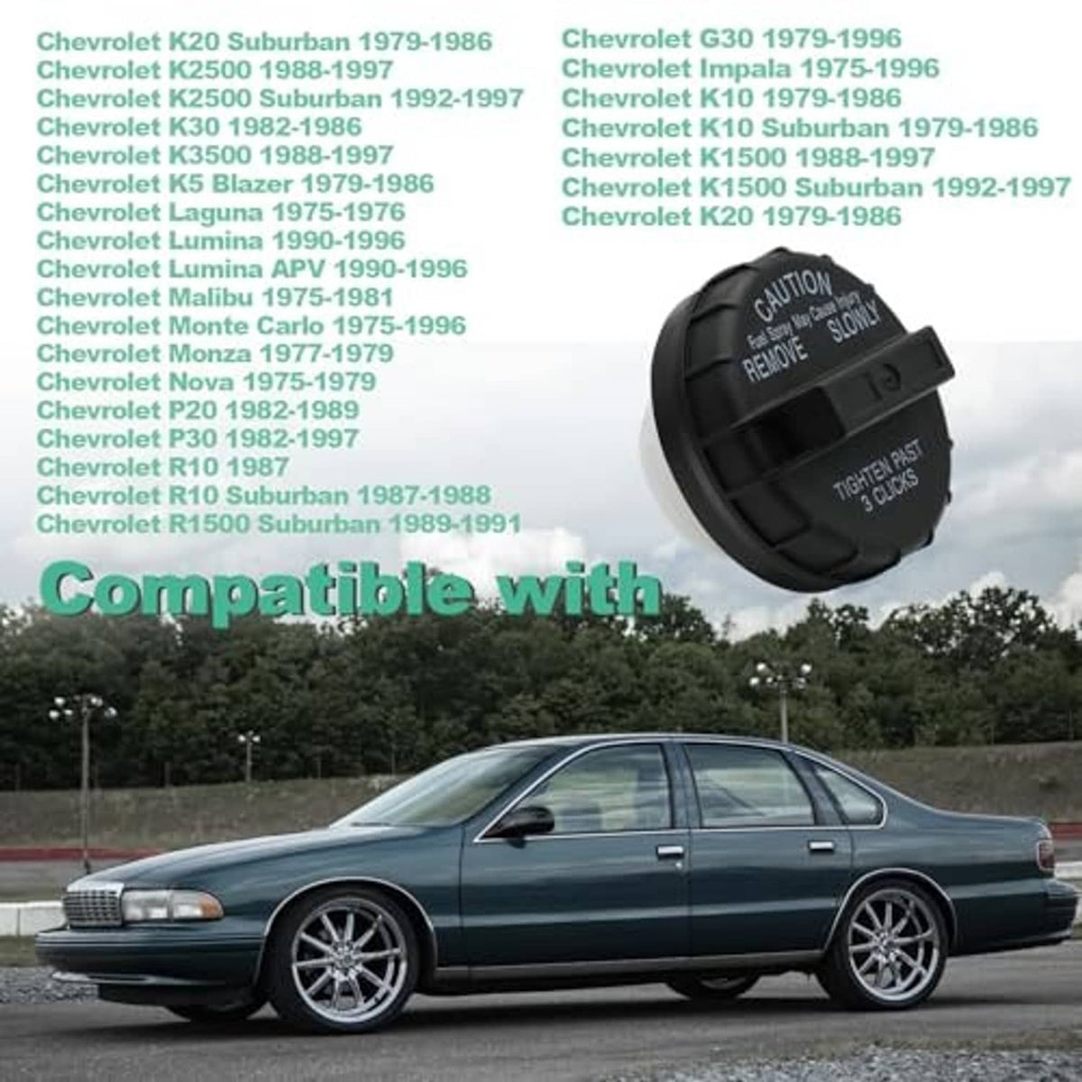 Black fuel tank filler cap with top warning text and grip tabs