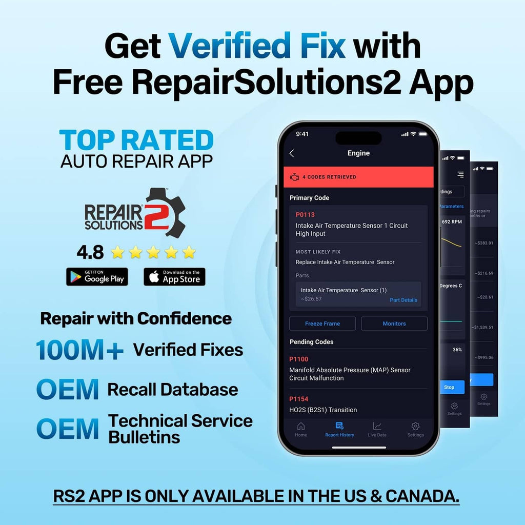 OBD2 repair app shown on smartphone with related device screens