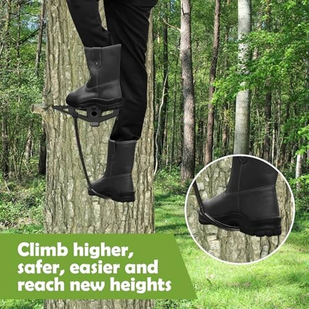 Black rope ladder with two foot pouches and U-shaped loop secured to tree