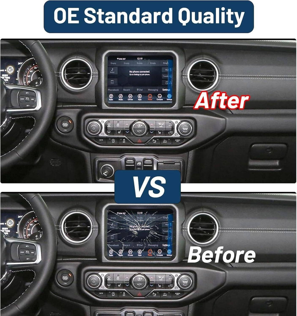 In-dash 8.4-inch Uconnect touchscreen radio display with before/after comparison view