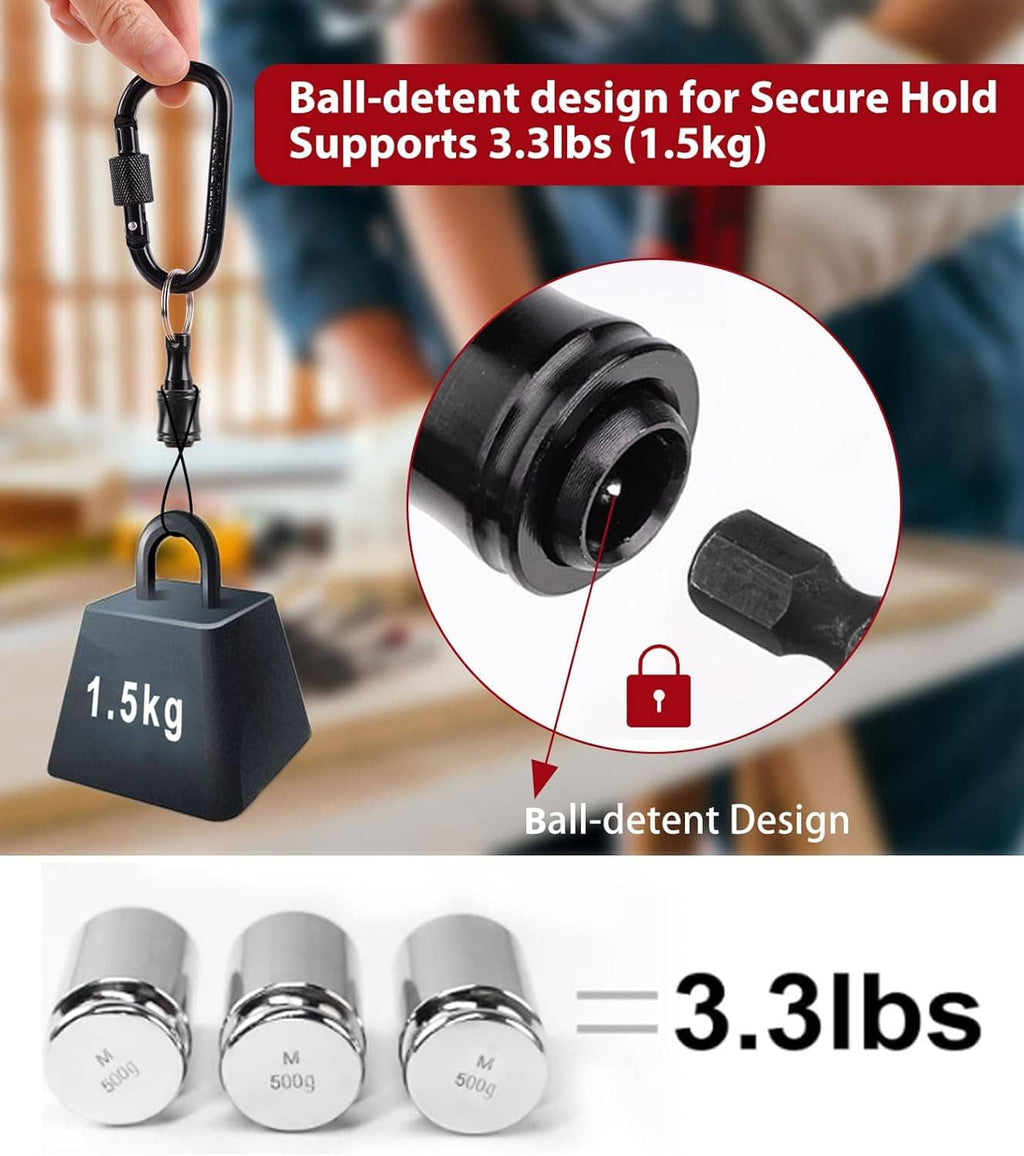 Black keychain bit holder with ball-detent chuck gripping a 1/4 hex bit