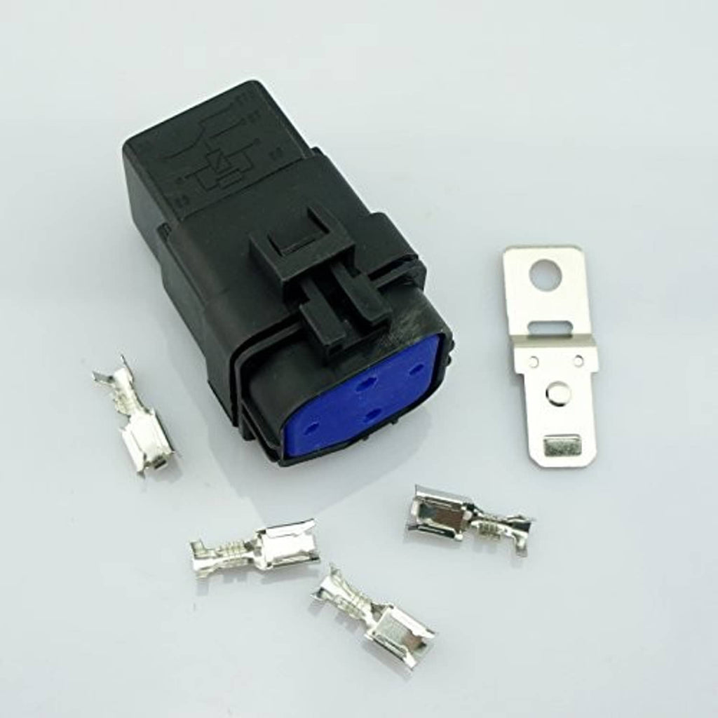 4-pin waterproof car relay body with blue insert and included metal spade connectors