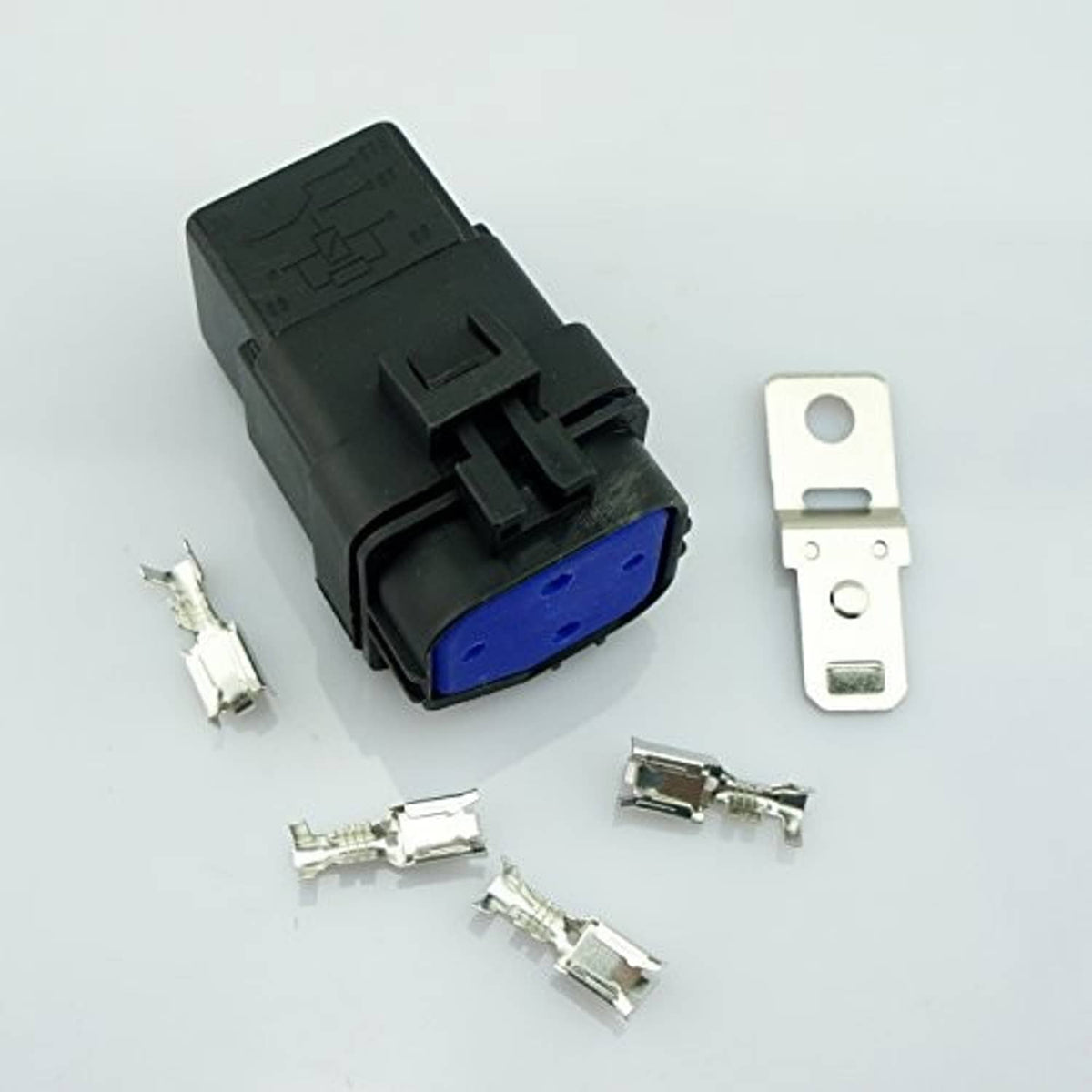4-pin waterproof car relay body with blue insert and included metal spade connectors