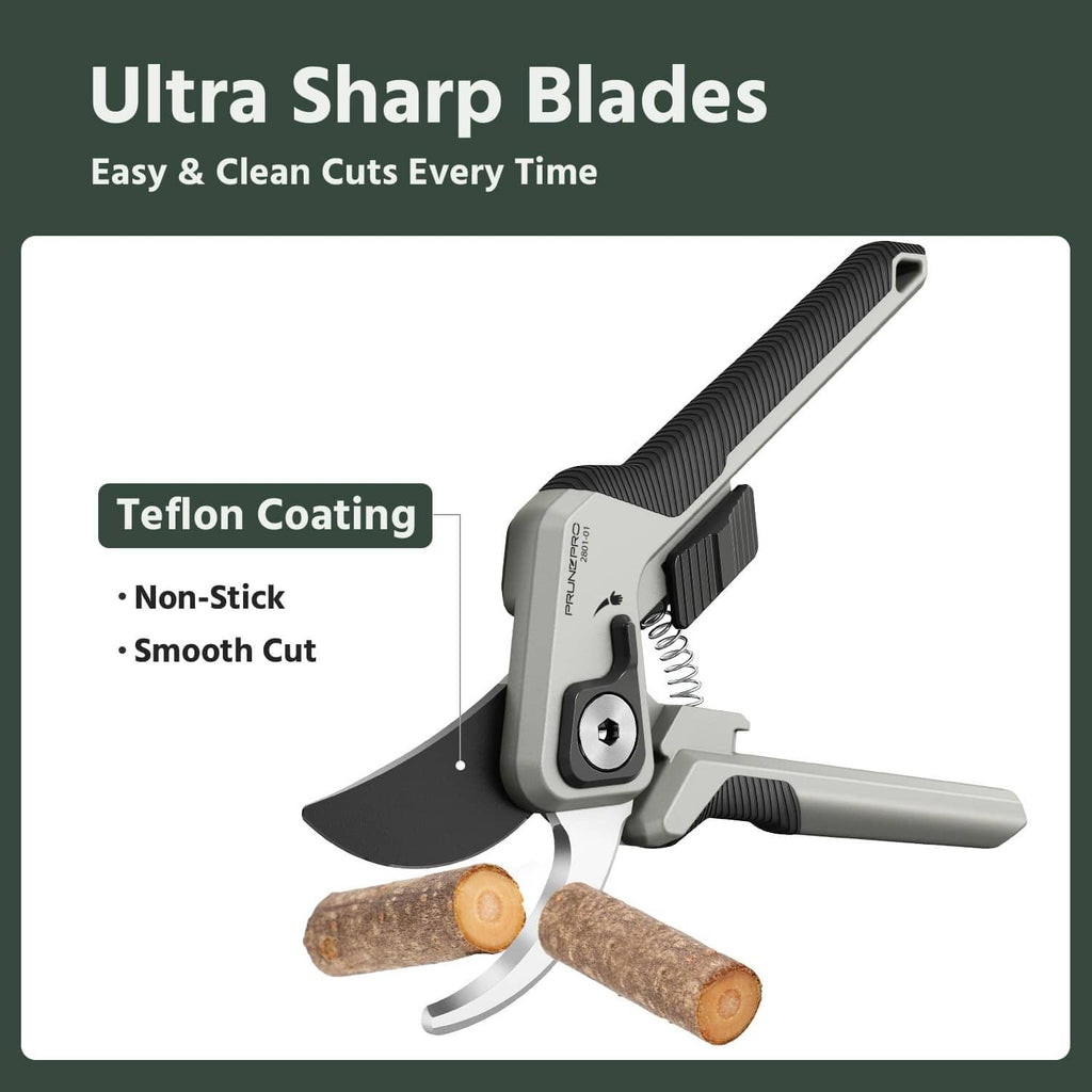 Bypass pruning shears with curved black blade tips and grey spring-loaded mechanism