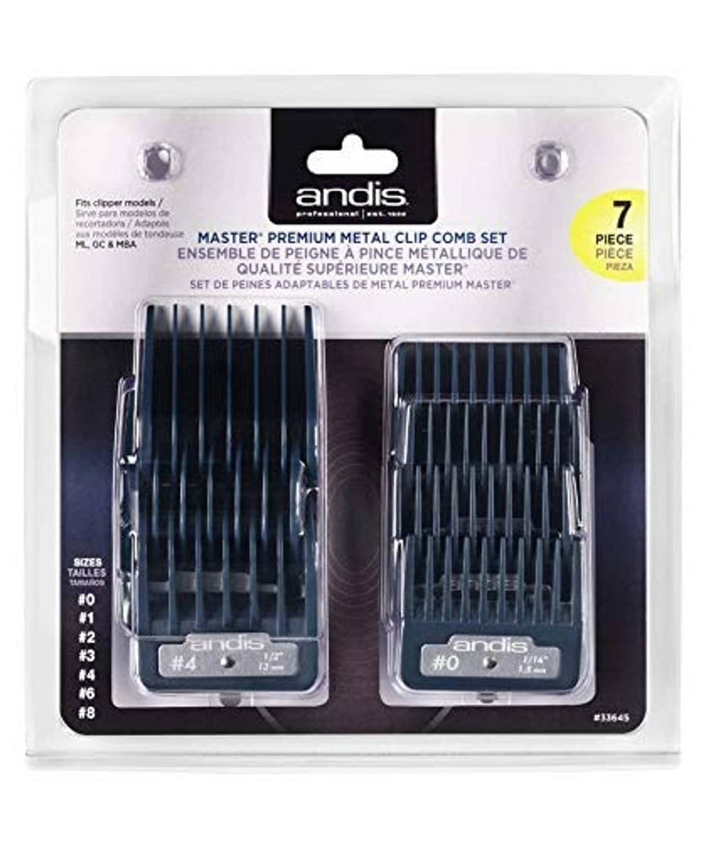 Andis Master Premium metal clip comb set in retail package, includes multiple guards